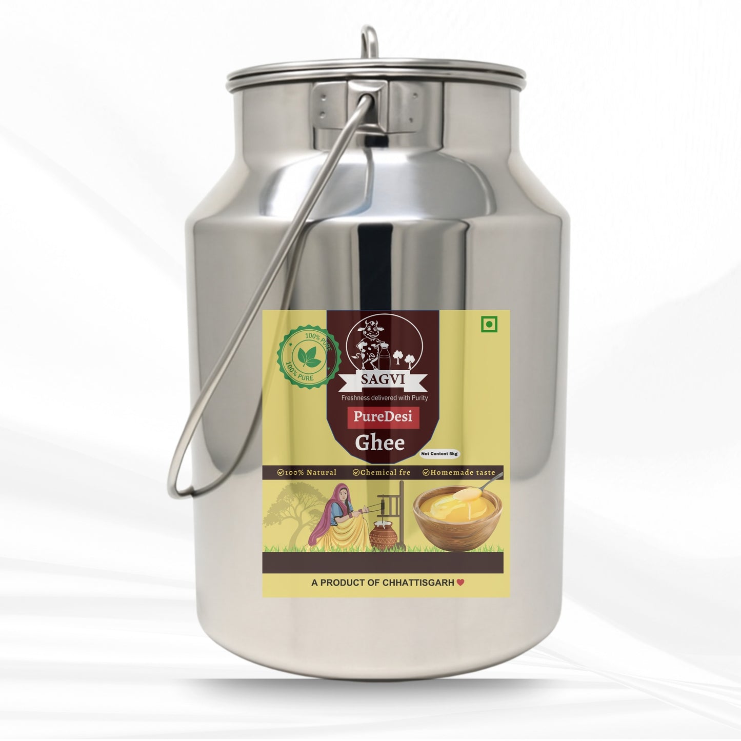 Sagvi Bilona Ghee – 100% Nutrition, Pure Cow Milk - 5 Litre